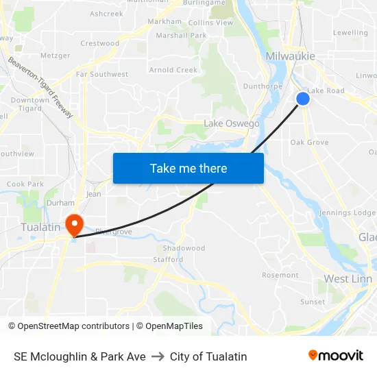 SE Mcloughlin & Park Ave to City of Tualatin map