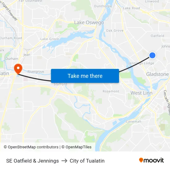SE Oatfield & Jennings to City of Tualatin map