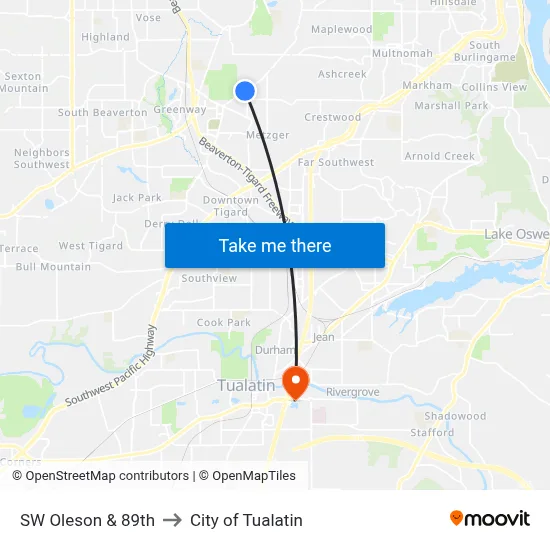 SW Oleson & 89th to City of Tualatin map