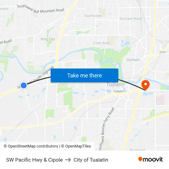 SW Pacific Hwy & Cipole to City of Tualatin map