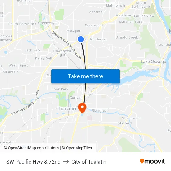 SW Pacific Hwy & 72nd to City of Tualatin map