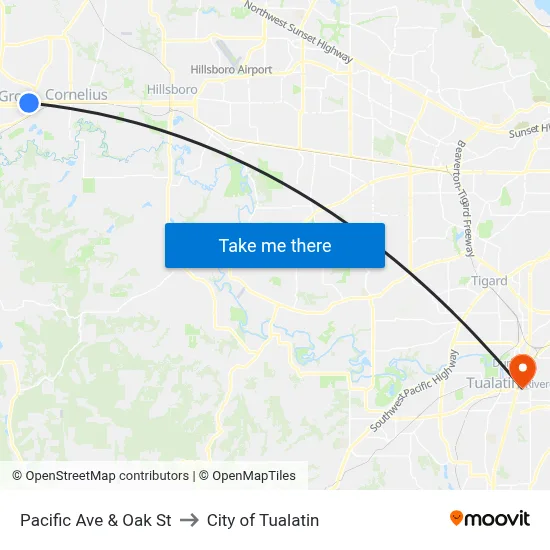 Pacific Ave & Oak St to City of Tualatin map
