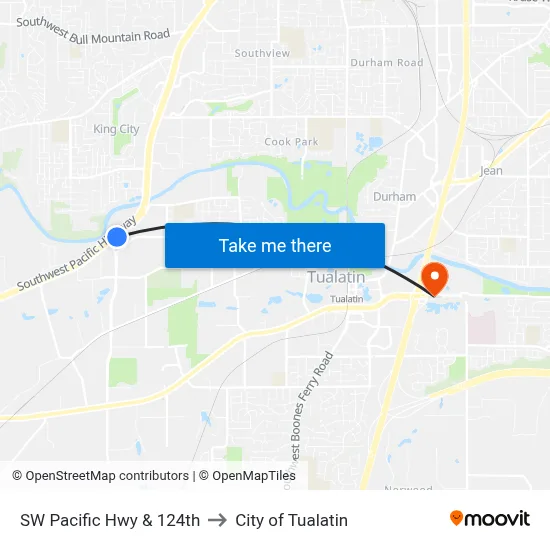SW Pacific Hwy & 124th to City of Tualatin map
