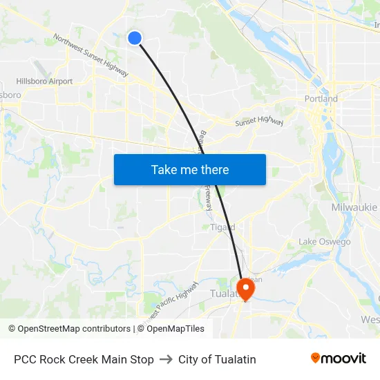 PCC Rock Creek Main Stop to City of Tualatin map