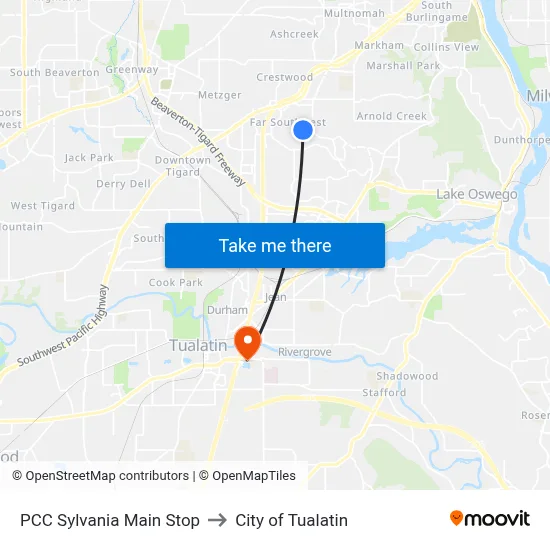 PCC Sylvania Main Stop to City of Tualatin map