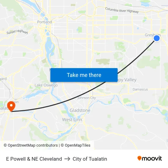 E Powell & NE Cleveland to City of Tualatin map