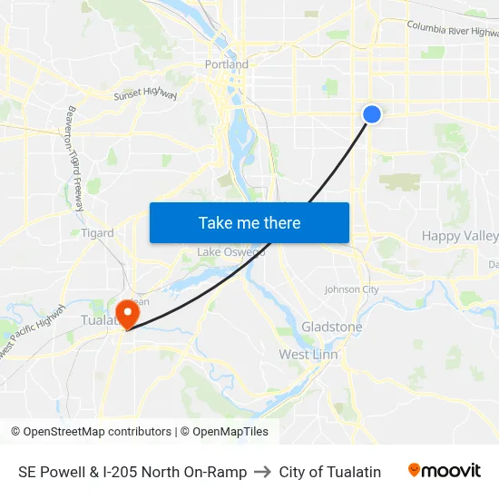 SE Powell & I-205 North On-Ramp to City of Tualatin map