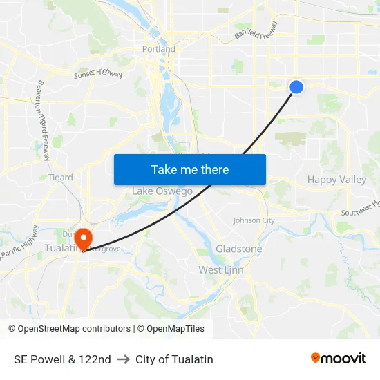 SE Powell & 122nd to City of Tualatin map