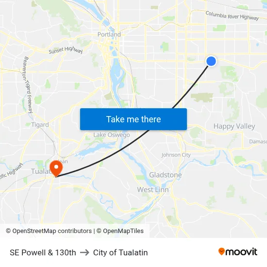 SE Powell & 130th to City of Tualatin map