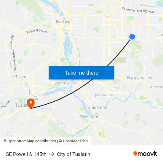 SE Powell & 145th to City of Tualatin map