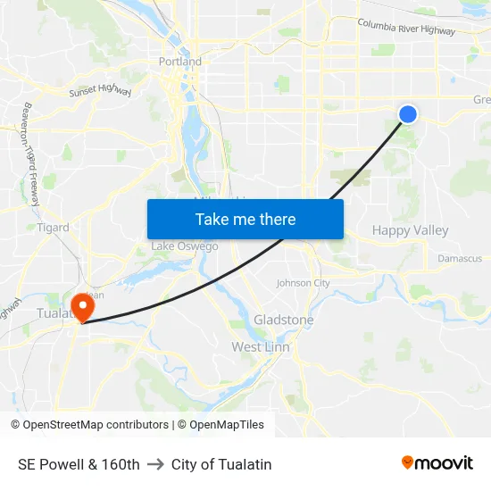 SE Powell & 160th to City of Tualatin map