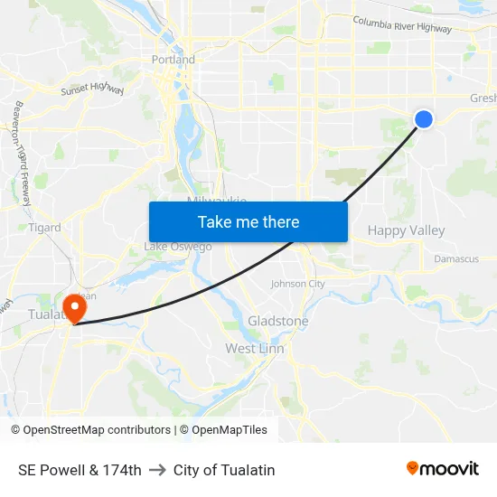 SE Powell & 174th to City of Tualatin map