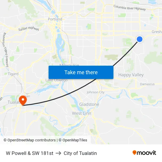 W Powell & SW 181st to City of Tualatin map