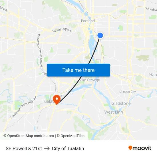 SE Powell & 21st to City of Tualatin map