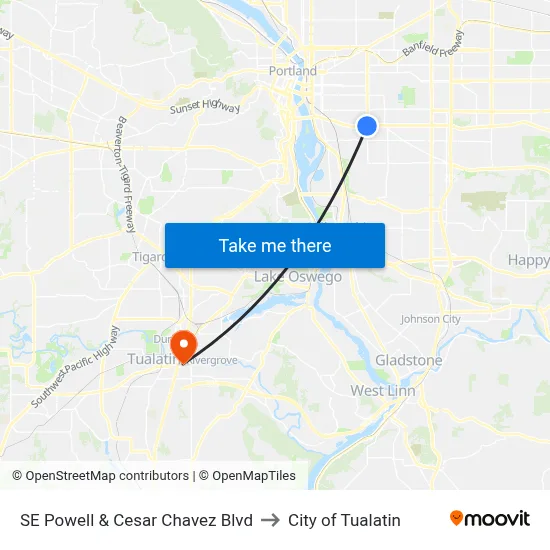 SE Powell & Cesar Chavez Blvd to City of Tualatin map
