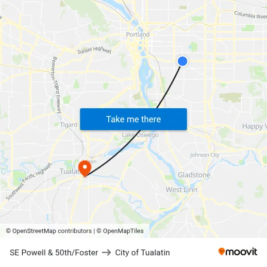 SE Powell & 50th/Foster to City of Tualatin map