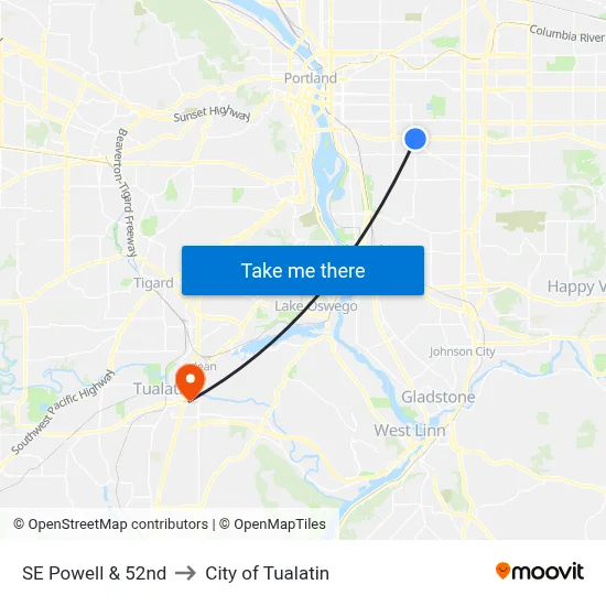 SE Powell & 52nd to City of Tualatin map