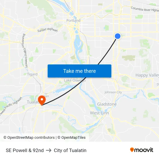SE Powell & 92nd to City of Tualatin map