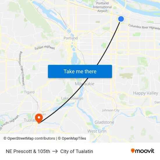 NE Prescott & 105th to City of Tualatin map