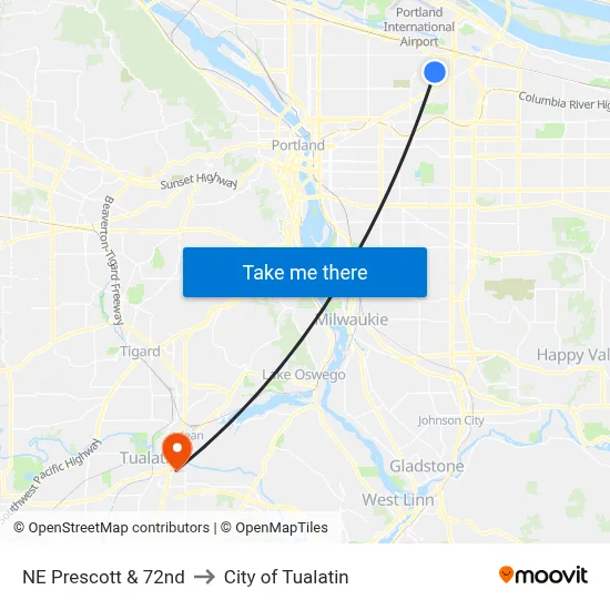 NE Prescott & 72nd to City of Tualatin map