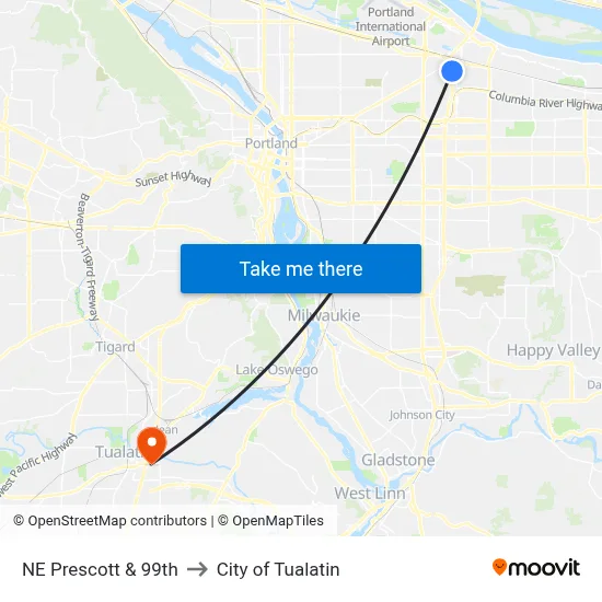 NE Prescott & 99th to City of Tualatin map