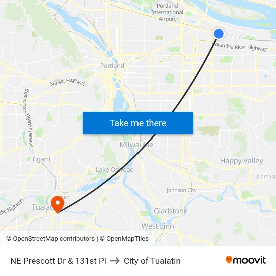 NE Prescott Dr & 131st Pl to City of Tualatin map