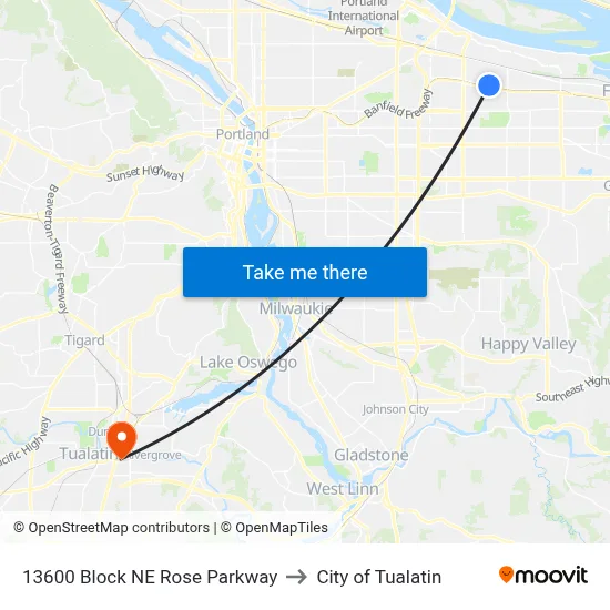 13600 Block NE Rose Parkway to City of Tualatin map