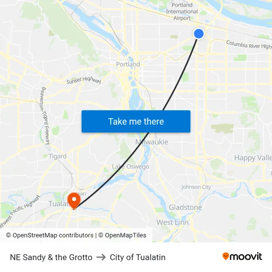 NE Sandy & the Grotto to City of Tualatin map