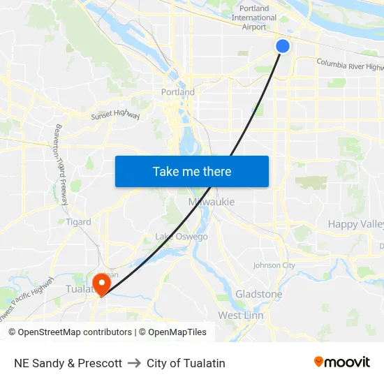 NE Sandy & Prescott to City of Tualatin map