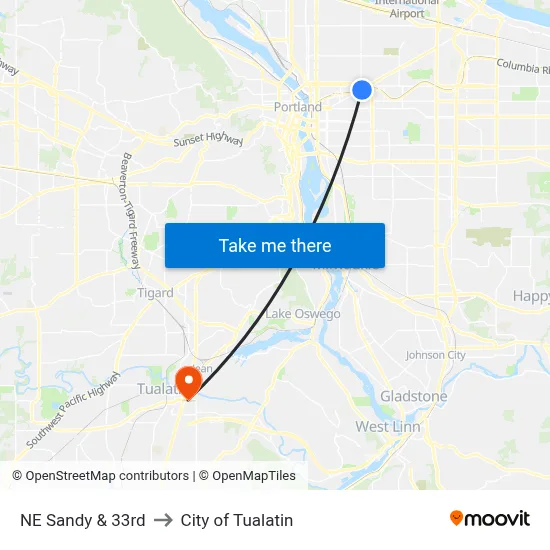 NE Sandy & 33rd to City of Tualatin map