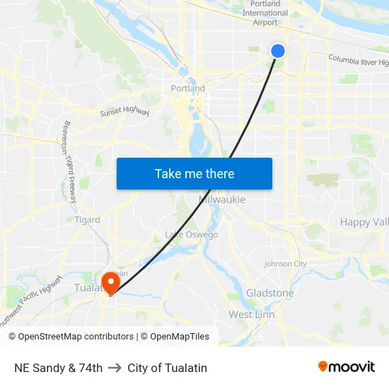 NE Sandy & 74th to City of Tualatin map