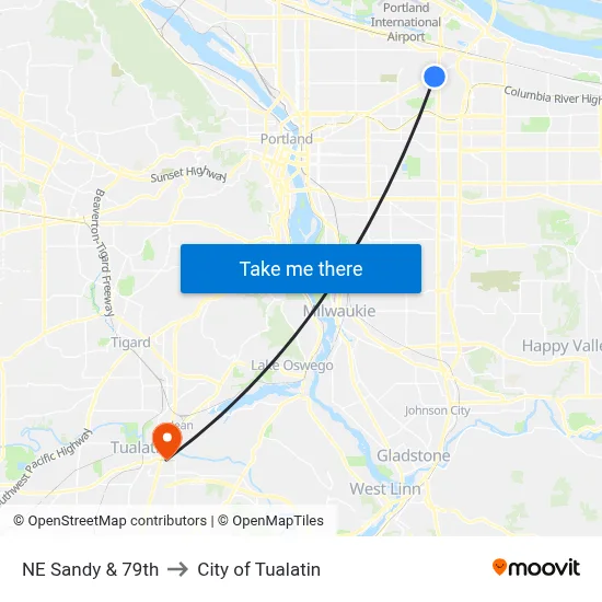 NE Sandy & 79th to City of Tualatin map