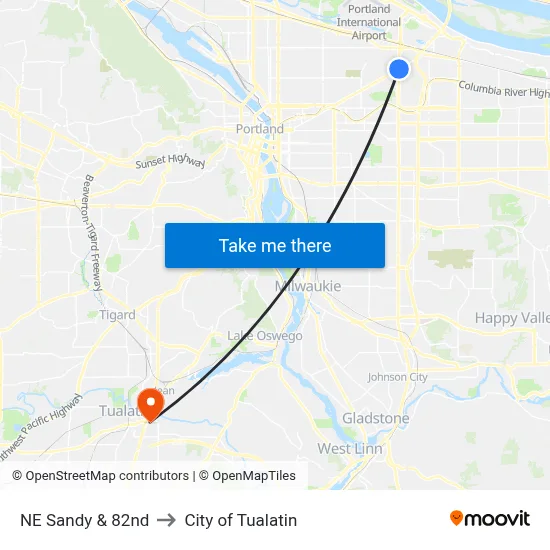 NE Sandy & 82nd to City of Tualatin map