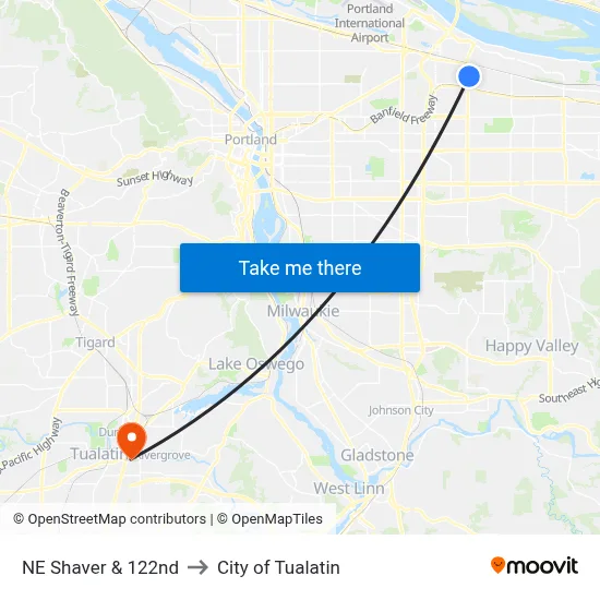 NE Shaver & 122nd to City of Tualatin map
