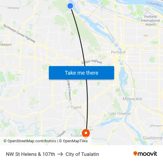 NW St Helens & 107th to City of Tualatin map