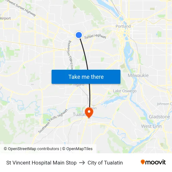 St Vincent Hospital Main Stop to City of Tualatin map
