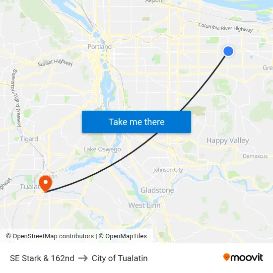 SE Stark & 162nd to City of Tualatin map