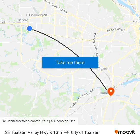 SE Tualatin Valley Hwy & 13th to City of Tualatin map