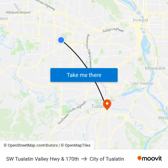 SW Tualatin Valley Hwy & 170th to City of Tualatin map