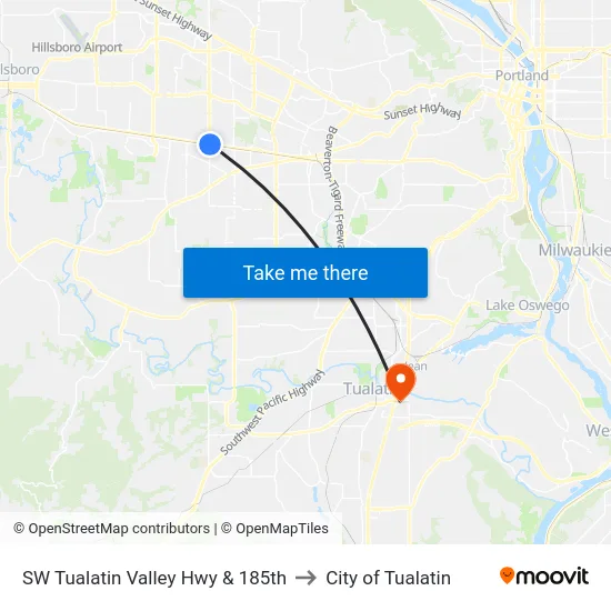 SW Tualatin Valley Hwy & 185th to City of Tualatin map