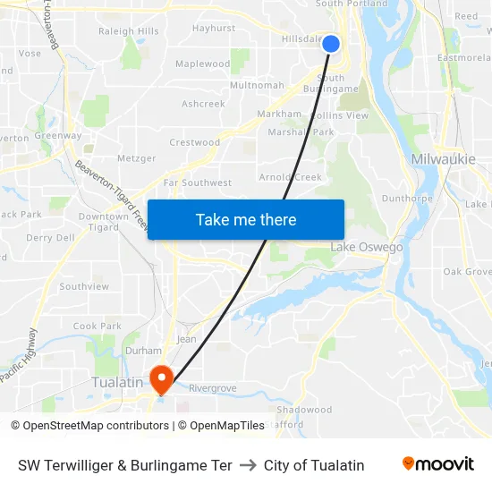 SW Terwilliger & Burlingame Ter to City of Tualatin map