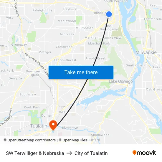 SW Terwilliger & Nebraska to City of Tualatin map