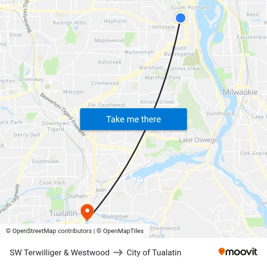 SW Terwilliger & Westwood to City of Tualatin map
