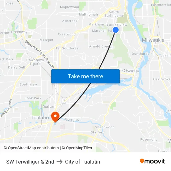 SW Terwilliger & 2nd to City of Tualatin map