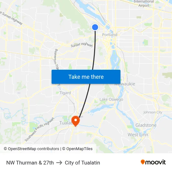 NW Thurman & 27th to City of Tualatin map