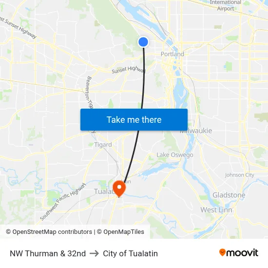 NW Thurman & 32nd to City of Tualatin map
