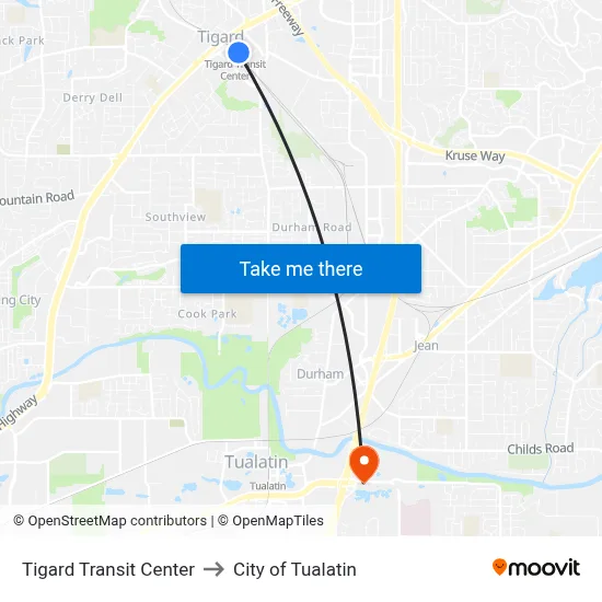 Tigard Transit Center to City of Tualatin map