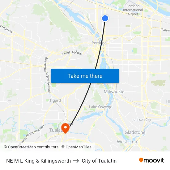 NE M L King & Killingsworth to City of Tualatin map
