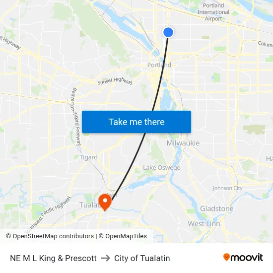 NE M L King & Prescott to City of Tualatin map