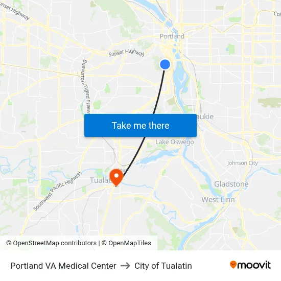 Portland VA Medical Center to City of Tualatin map